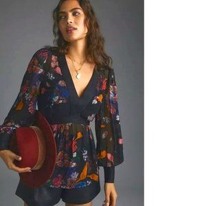 Anthropologie Maeve Open Back Tunic In Black Floral Motif Size 0 NWT